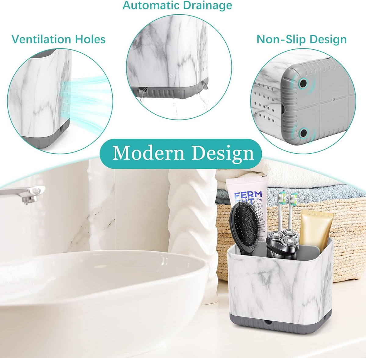Toothbrush Holder for Bathrooms, Toothbrush Organizer (Grey Marble Grain)
