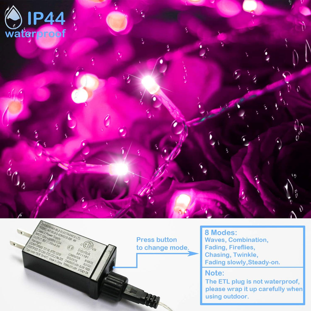 Christmas Decorations Pink String Lights, 200Led 66Ft 8Mode Plug in