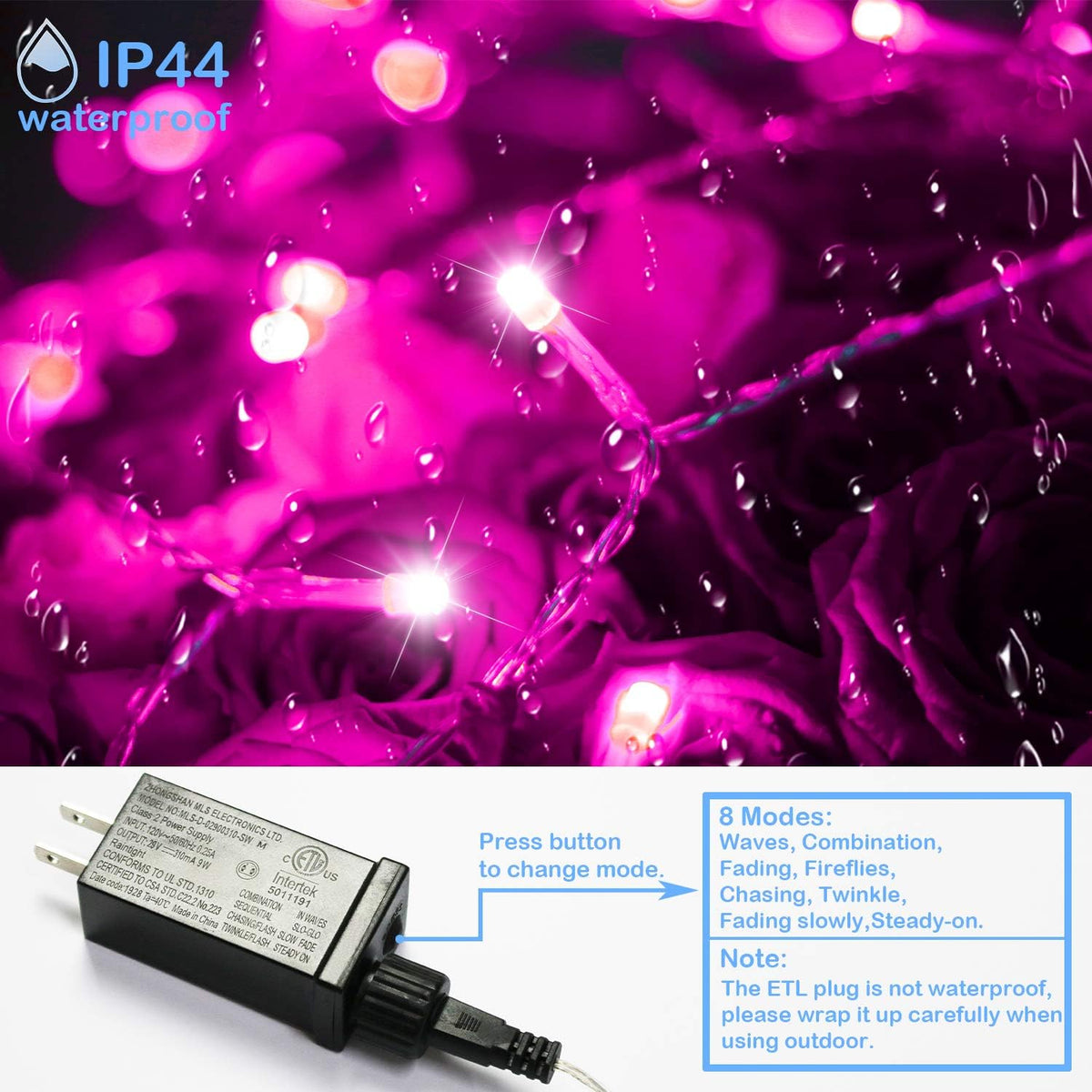 Christmas Decorations Pink String Lights, 200Led 66Ft 8Mode Plug in
