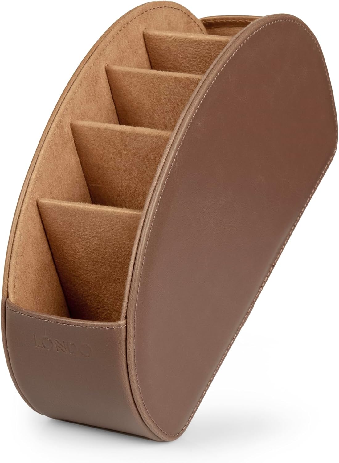 Londo PU Vegan Leather Remote Control Holder with 5 Pockets, Nightstand Caddy & Bedside Organizer for TV, DVD, Blu-Ray, Roku, Apple TV Remotes, Phones, Glasses — Suede Lined Gift for Dad, Light Brown
