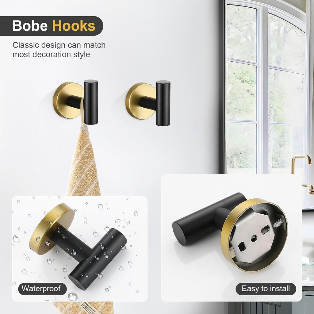 TQKAG Black and Gold Bathroom Hardware Set, 6-Piece Towel Bar Set 23.6 Inch