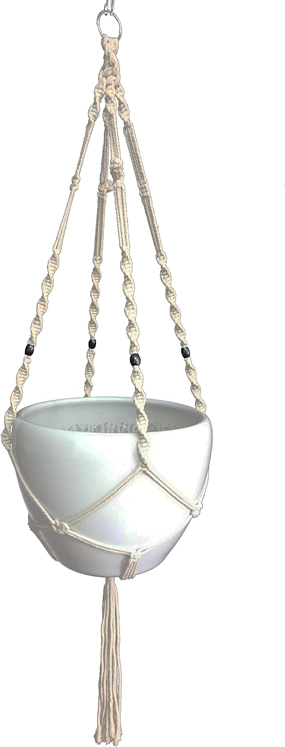 Macrame Plant Hanger Hanging Planter Indoor Outdoor Cotton & Jute 4 Legs 48 Inches,Fits Round & Square Pots 10 inches Without THE Pot (Cotton) (1, Beige)