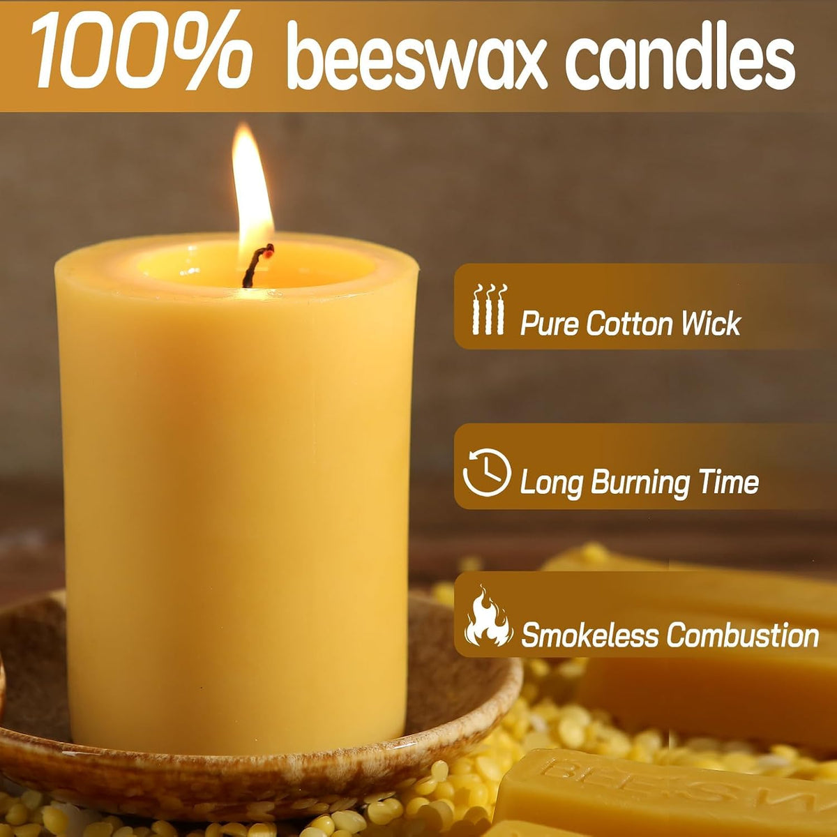 4 Pack Beeswax Pillar Candles, 2.8x4 inch Yellow Pillar Candle,53 Hours