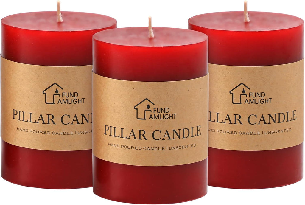 3x4 Inch Red Pillar Candles Set of 3 - Decorative Unscented Pillar Candle
