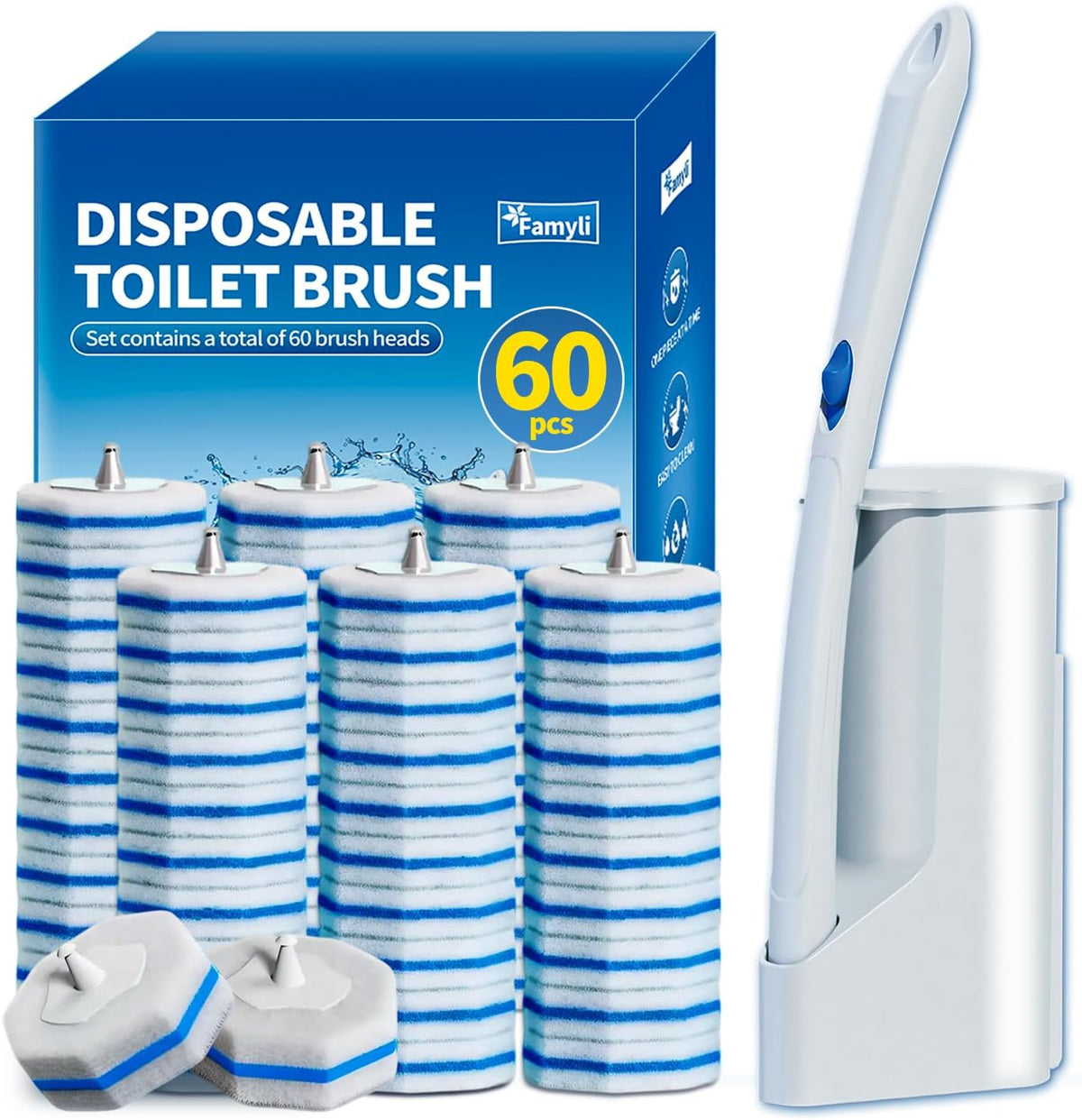 Disposable Toilet Brush Set with 60 Replacement Heads, Toilet Cleaning Replacement Pads, Starter Kit with Storage Case for Deep Cleaning and Hygienic Bathroom Maintenance
