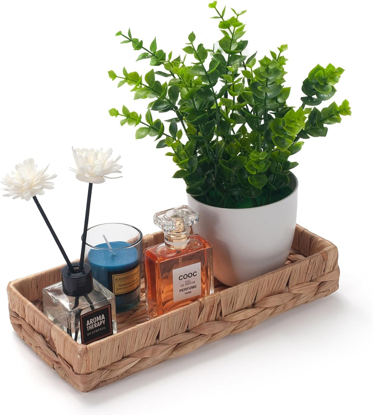Woven Bathroom Vanity Tray for Storage Water Hyacinth Back of Toilet Basket Long Narrow Guest Towel Holder (Natural 10.2 x 4.9 x 1.8 inch)