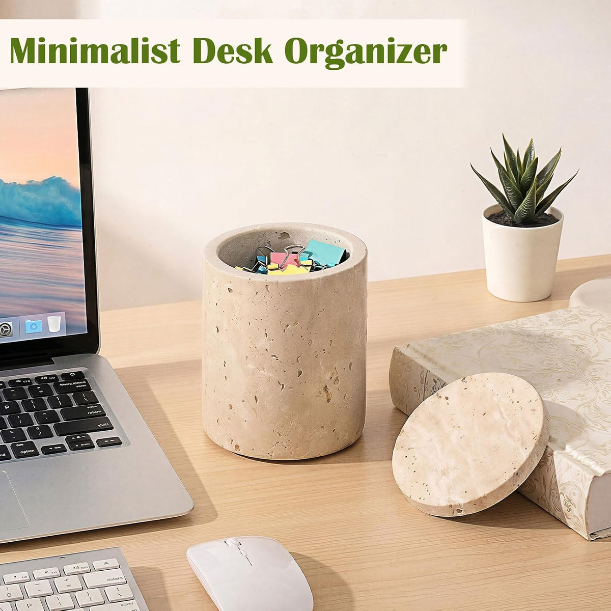 Travertine Qtip Holder with Lid Natural Bathroom Canister Storage