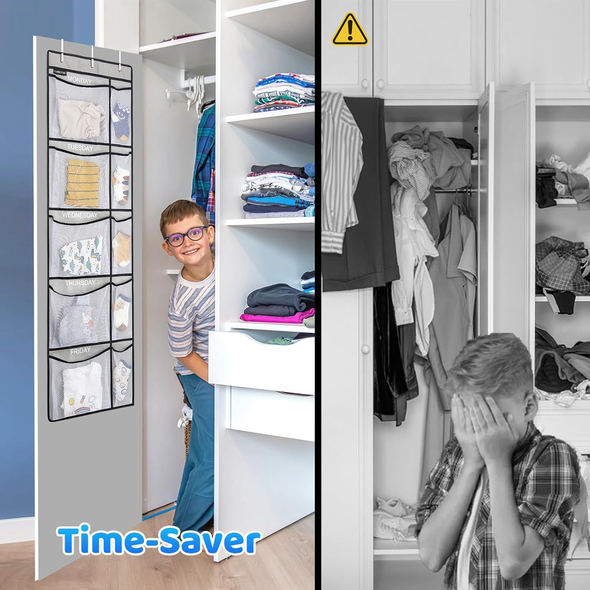 Weekly Kids Clothes Organizer - Day of Week School Clothing Organizer, Monday to Friday Time Save, No Odour, 5-Shelf Hanging Closet Storage (Grey)