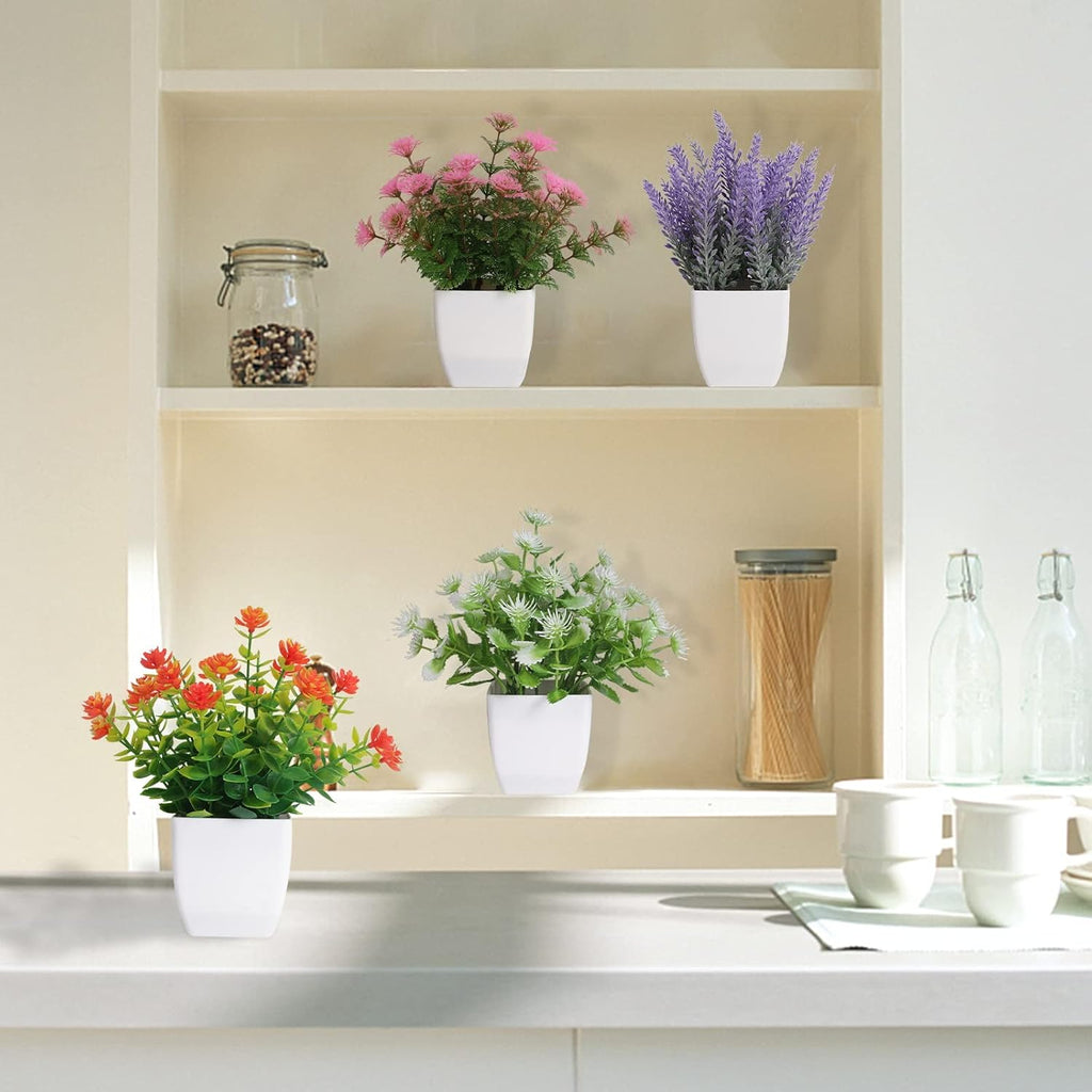 Yoratee Artificial Potted Flowers 4PCS Fake Small Plant in Pot Mini Faux Plant Door House Office Tabletop Kitchen Colorful Greenery Decor