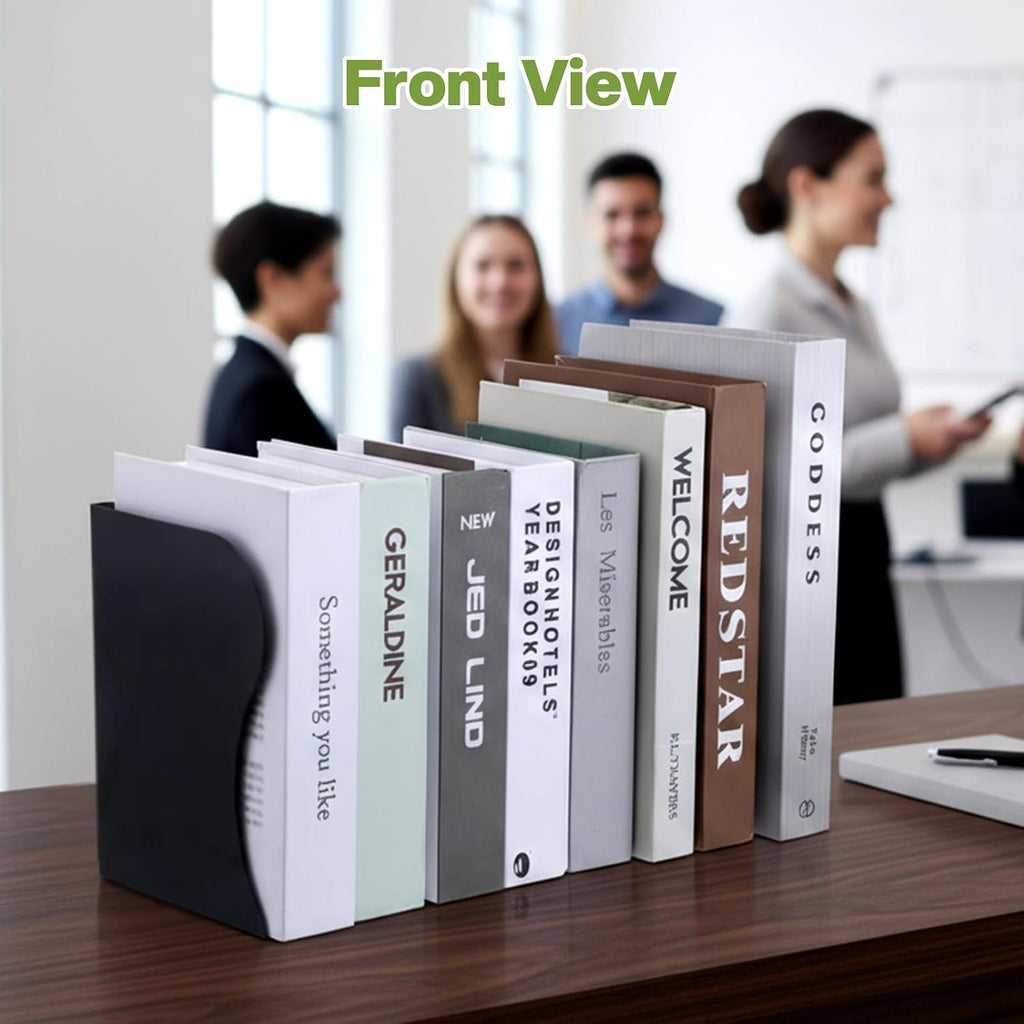 2PCS Heavy Duty Metal Bookends, Adjustable Book Organizer for Shelves & Desk with Non-Slip Pads, 3 Compartments, Extends up to 19 inches, Office & Home Use (Black)