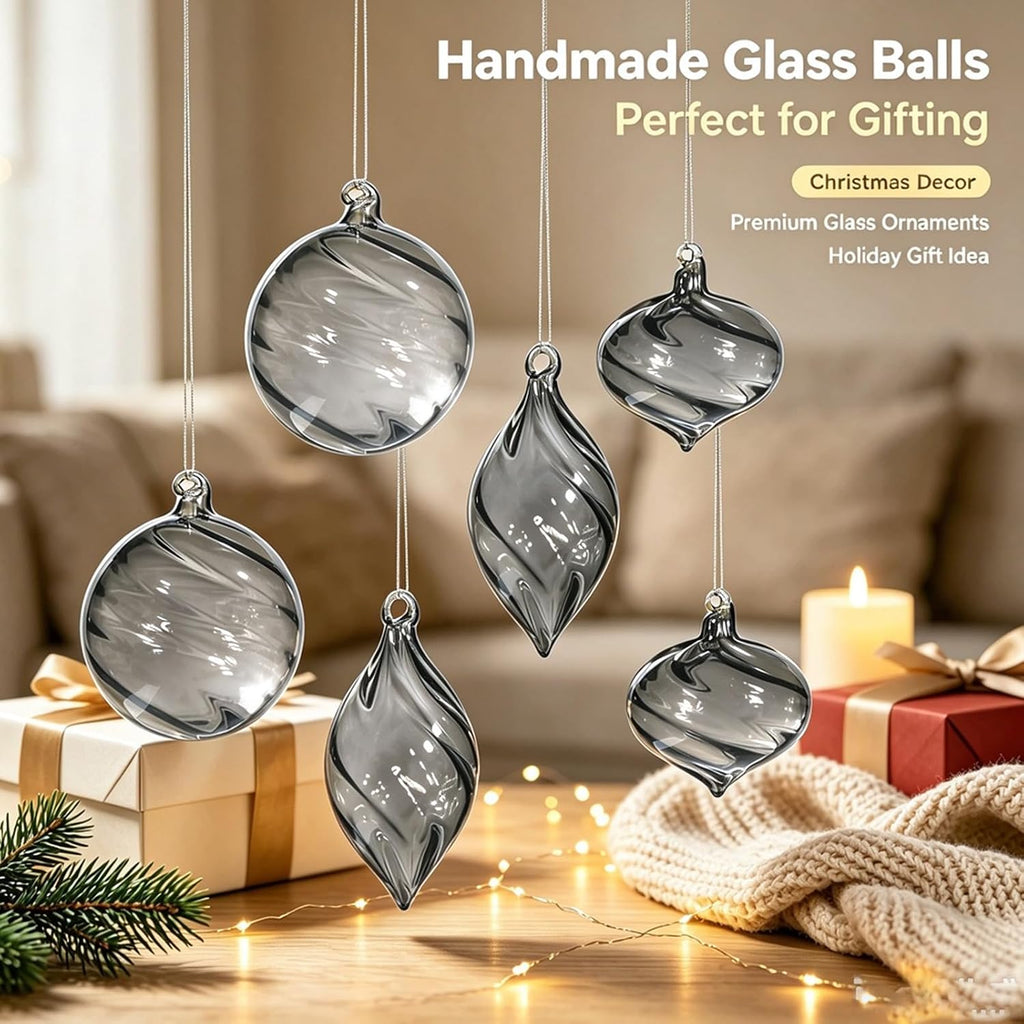 6 PCS Glass Christmas Ball Ornaments, Hand Blown Ornaments Hanging Balls,Glass Xmas Tree Home Wedding Birthday Party Holiday Decorative Set (Gray)