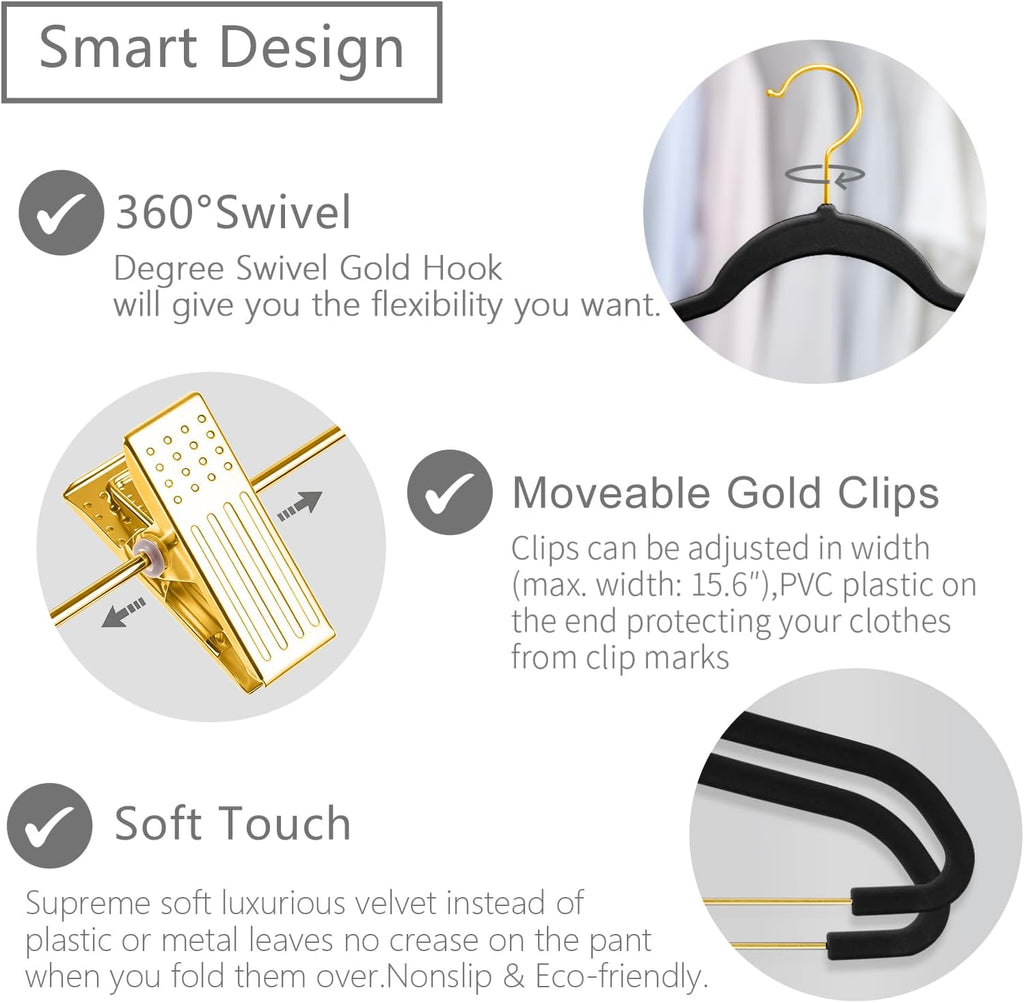 MIZGI Premium Velvet Pants Hangers with Adjustable Clips (Pack of 20) Slim Skirt Hangers- Non Slip Felt Outfit Dress Hangers Black - Gold Hooks,Space Saving Shirt Clothes Hangers
