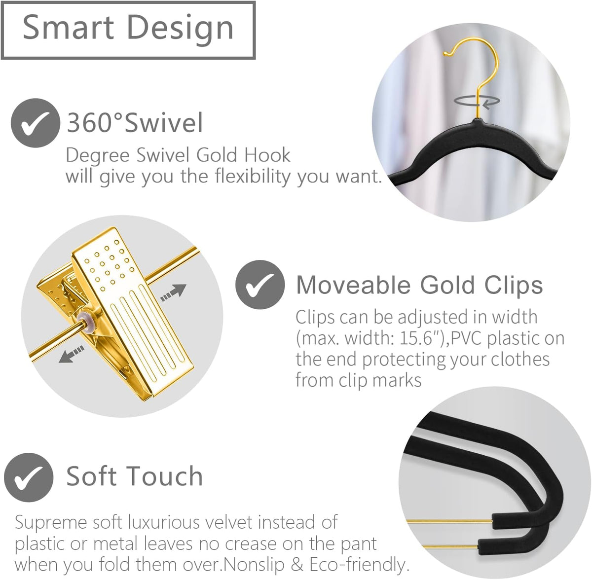 MIZGI Premium Velvet Pants Hangers with Adjustable Clips (Pack of 20) Slim Skirt Hangers- Non Slip Felt Outfit Dress Hangers Black - Gold Hooks,Space Saving Shirt Clothes Hangers