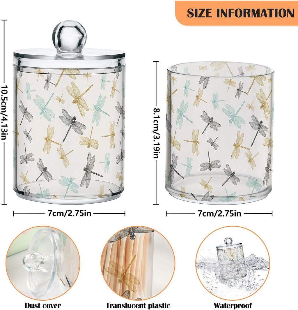 4 Pack Qtip Dispenser Apothecary Jars Bathroom Organizer, Golden Blue Dragonfly Retro Qtip Holder Storage Canister Plastic Acrylic Jar for Cotton Ball/Swab/Rounds