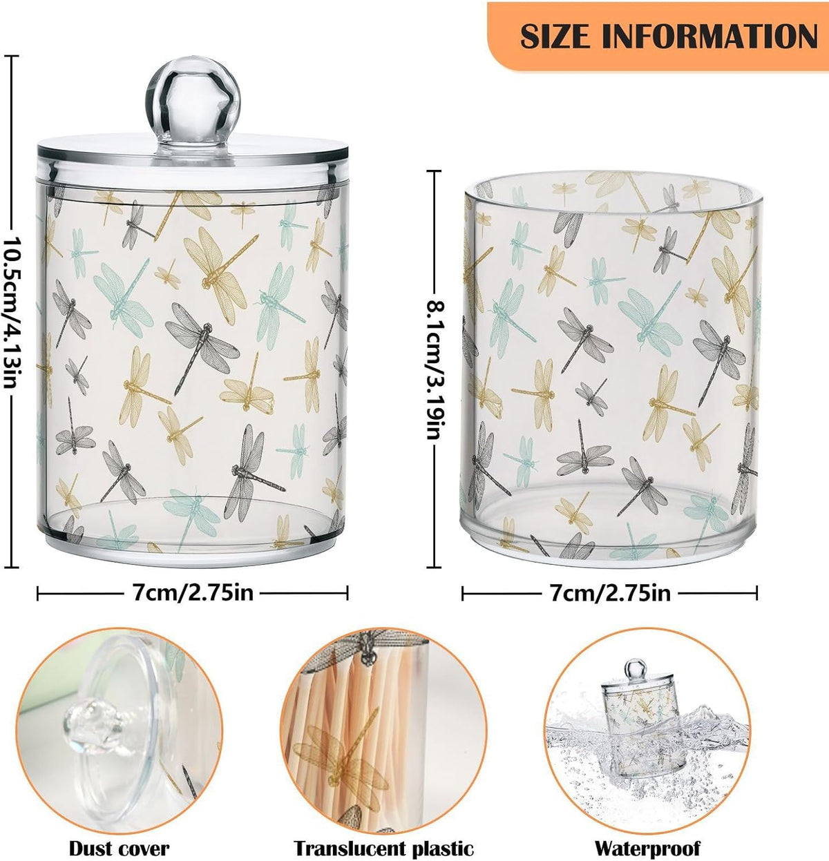 4 Pack Qtip Dispenser Apothecary Jars Bathroom Organizer, Golden Blue Dragonfly Retro Qtip Holder Storage Canister Plastic Acrylic Jar for Cotton Ball/Swab/Rounds