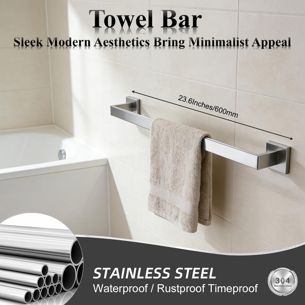 Bathroom Hardware Set 10 Piece Brush Nickel Bathroom Accessories Set SUS304 Towel Bar Set Includes 2 Towel Bar 24 Inch+2 Towel Holder+2 Toilet Paper Holder+4 Towel Hooks (10, Brushed Nickel, 24 Inch)