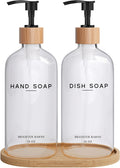 Clear Glass Hand and Dish Soap Dispenser Set by Brighter Barns - Kitchen Soap Dispenser Set with Bamboo Tray - Modern Kitchen Decor, Minimalist Decor (Clear)