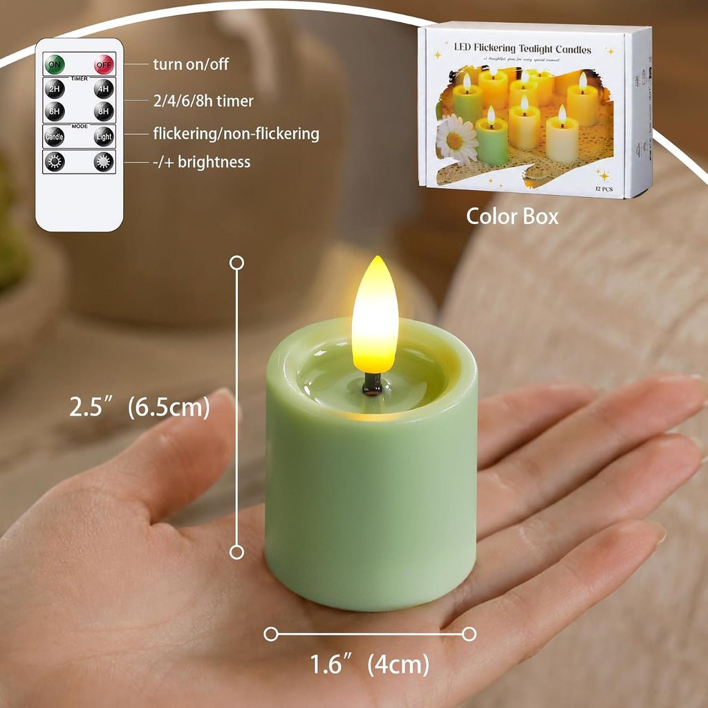 12pcs LED Battery Operated Remote 1.6" x2.5" Tea Lights with Melt Pool Effect, Timer Flickering Sage Green Plastic Flameless Votive Small Tealight Candles for Table Centerpiece Decor