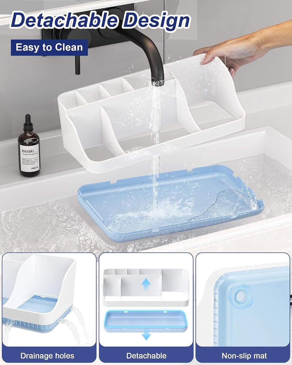 Bathroom Counter Organizer and Storage with 2 Pack Qtip Holder Dispenser, 7 Slots Detachable Toothbrush Holders for Bathrooms, Anti-Slip Electric Toothbrush and Toothpaste Holder Countertop