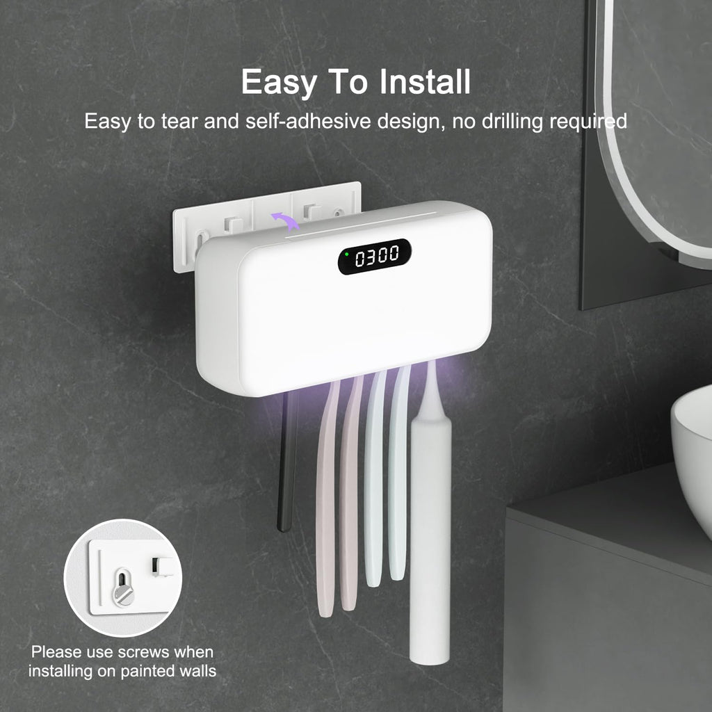 UV Toothbrush Sanitizer and Holder for Bathroom, 5 Toothbrush Slots for Family with Fan and PTC Heat Drying, Type-C Charging, No-Drill Wall Mount
