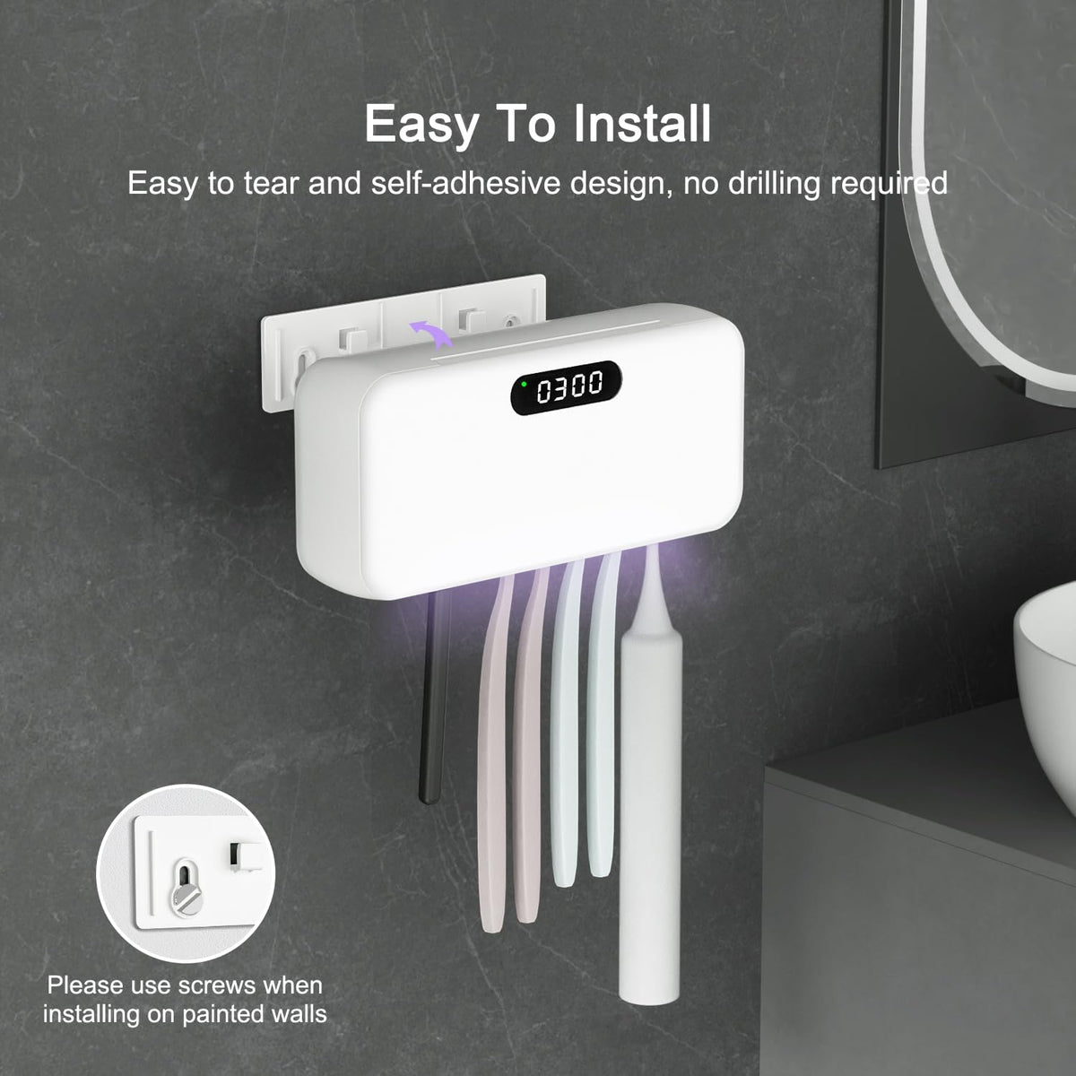 UV Toothbrush Sanitizer and Holder for Bathroom, 5 Toothbrush Slots for Family with Fan and PTC Heat Drying, Type-C Charging, No-Drill Wall Mount