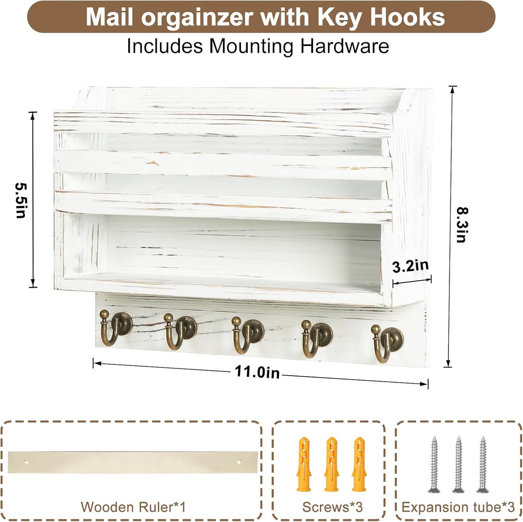 Key Holder Wall Mount with Mail Organizer, 5 Key Hooks, White