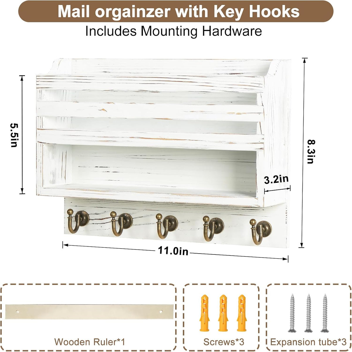Key Holder Wall Mount with Mail Organizer, 5 Key Hooks, White