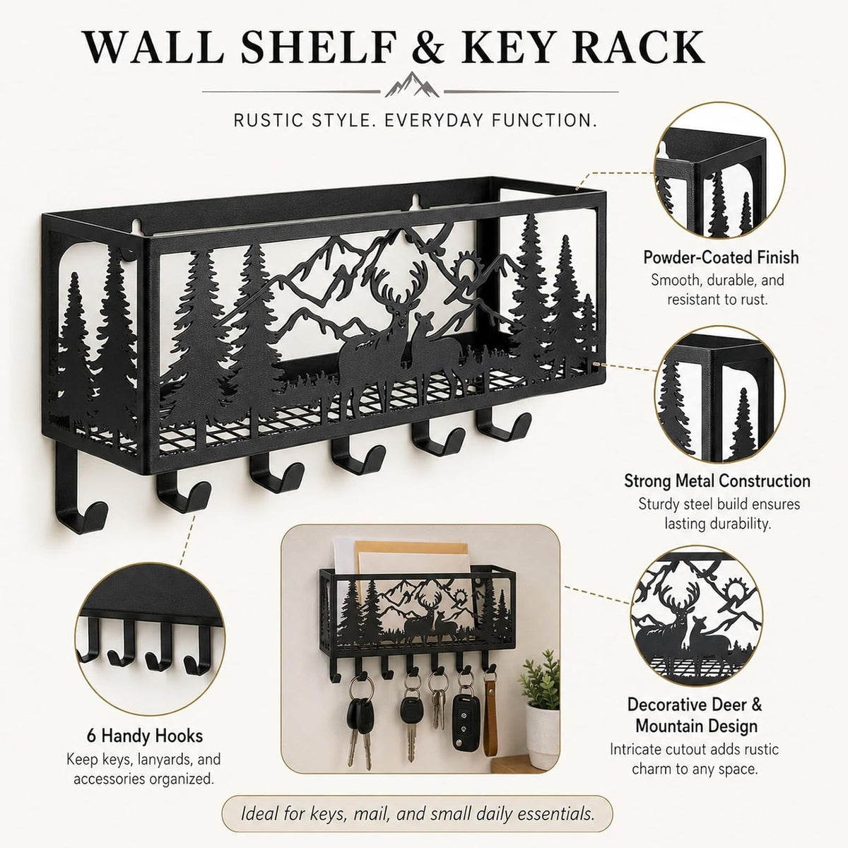 Deer Metal Wall Mail Organizer Wall Mounted Key and Mail Holder Mail Basket Hanging Mail Sorter and Key Organizer for Entryway Bedroom Bathroom