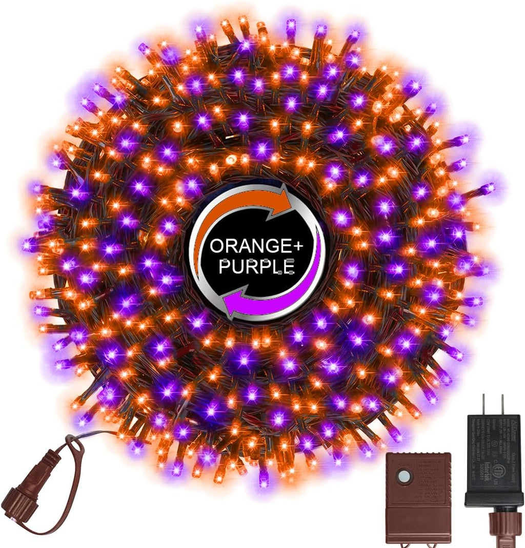 LAMPHOME 500 LED String Lights Outdoor, 16 Modes Plug in Twinkle Fairy Lights for Bedroom, 46ft 500LED Halloween Lights Cluster Lights Outdoor Waterproof-Purple&Orange