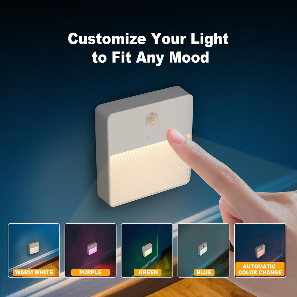 LED Night Light with Motion & Dusk Sensor, 2-Pack, Battery-Powered & Rechargeable, Multi-Color, Dimmable, for Bedroom, Stairway, Closet