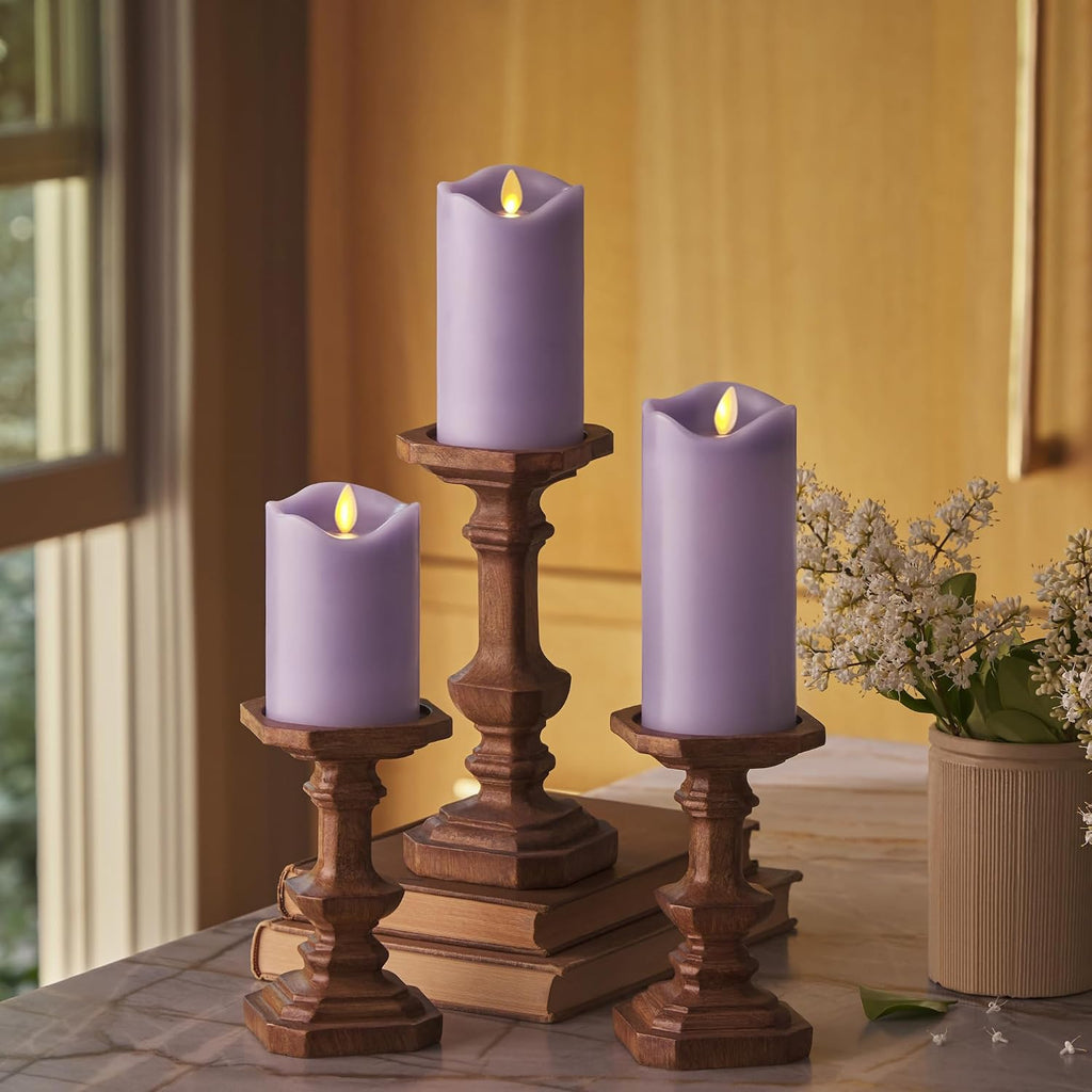 Matchless Candle Co. Flameless LED Battery Operated Flickering Pillar Candles - Pastel Purple - Set of 3 - Indoor Outdoor Decor Safe
