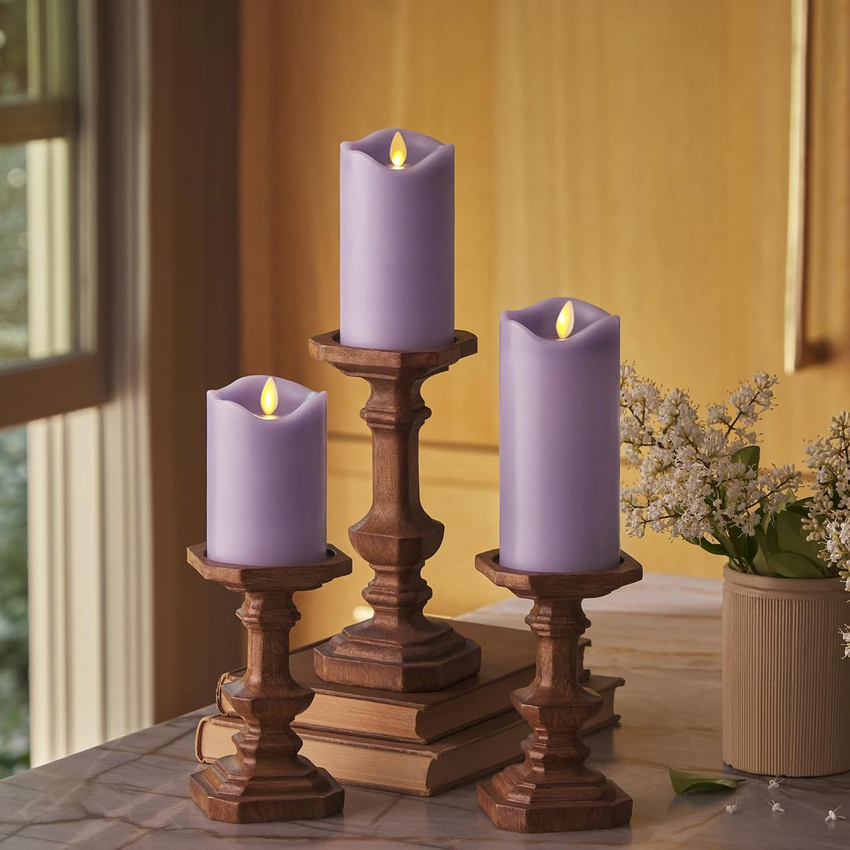 Matchless Candle Co. Flameless LED Battery Operated Flickering Pillar Candles - Pastel Purple - Set of 3 - Indoor Outdoor Decor Safe