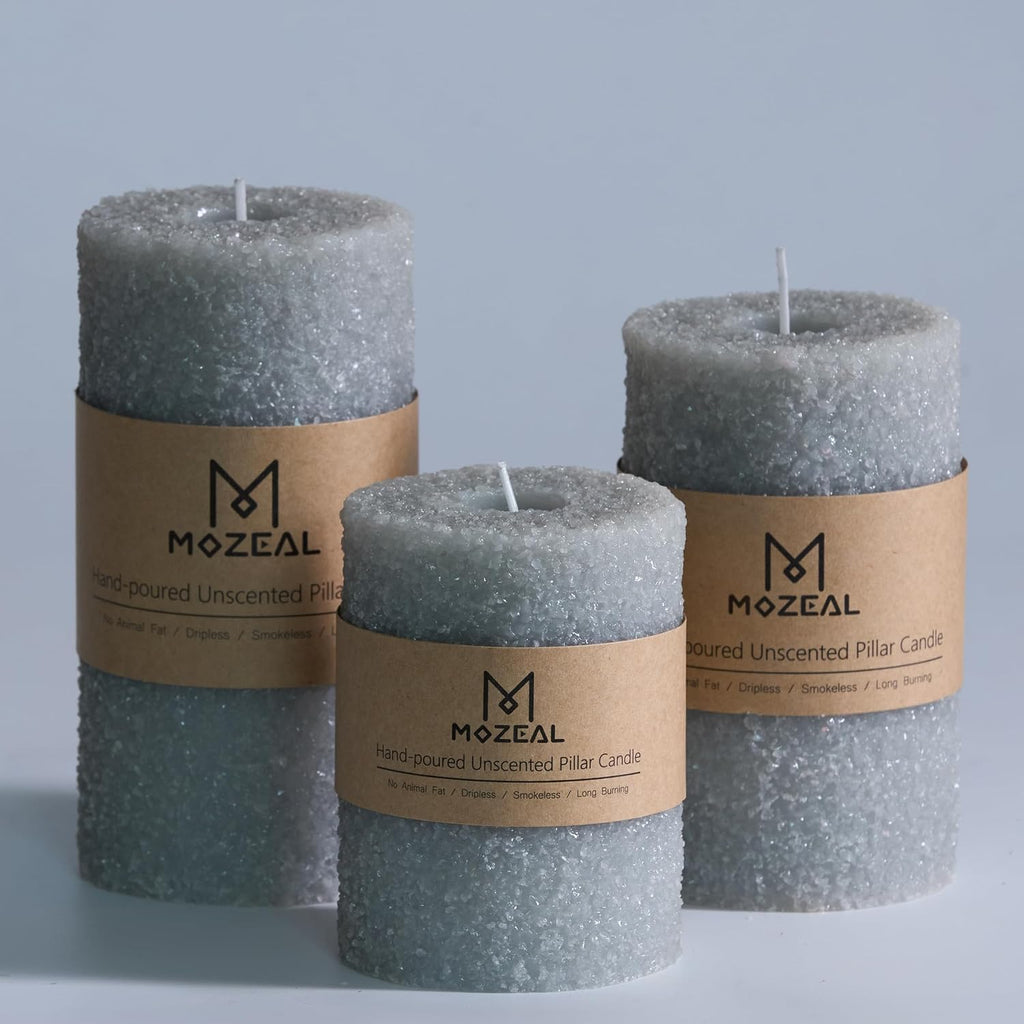 MOZEAL Hand-Poured Granular Texture Decorative Gray Pillar Candles Set of 3 (3'x4' 5' 6'),Approx 300 Hours Burn Time Dripless, Unscented, Smokeless