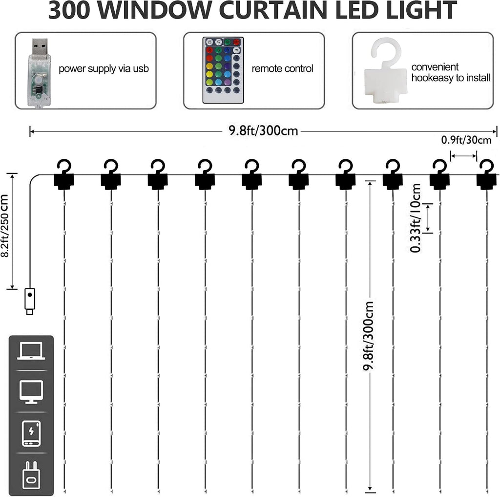 HOME LIGHTING Window Curtain String Lights, 300 LED RGB 16 Colors Changing Fairy Lights, 4 Modes with Remote, USB & Adapter Powered for Halloween Christmas Party Wedding Home Garden Wall Decorations