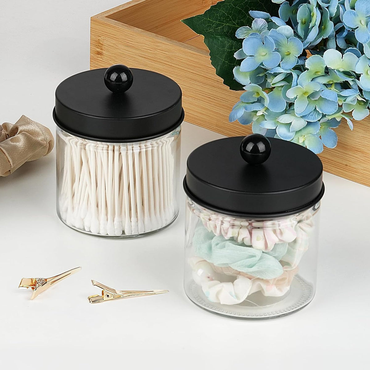 SheeChung Glass Mason Jar Qtip Holder, Black Stainless Steel Lids, 2 Pack
