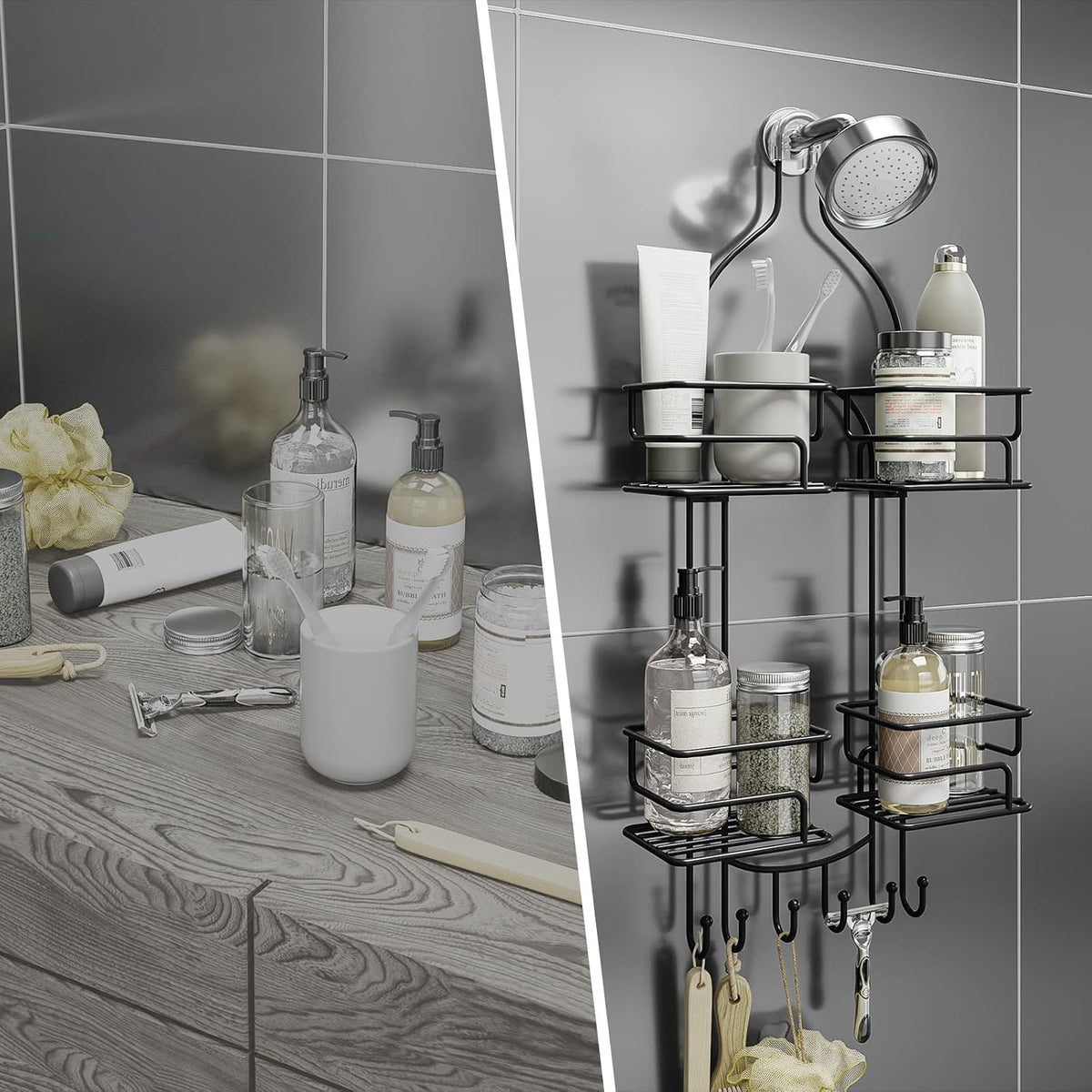 SRIWATANA Shower Caddy Hanging, Shower Organizer with Razor Hooks, Black