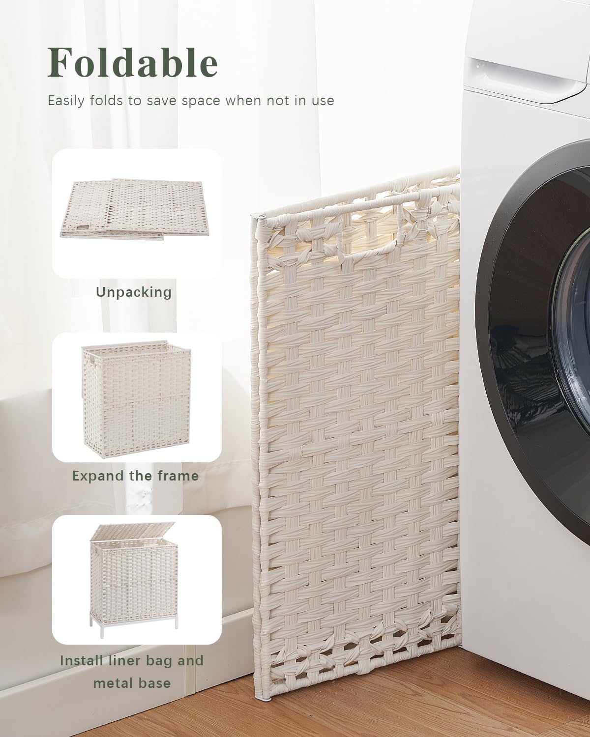 SETVSON Laundry Hamper with Lid, Large 132L Rattan Basket, White