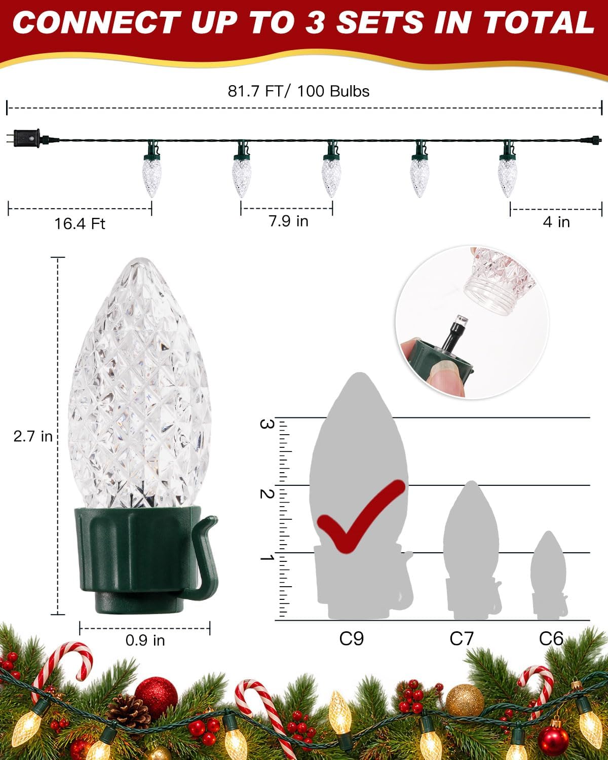 C9 Christmas String Lights Outdoor, 2Pack 81 FT 100 LEDs Warm White Plug in