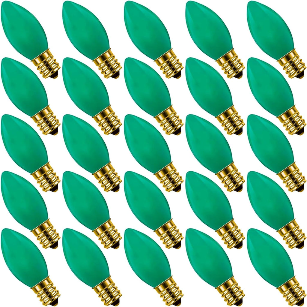 25 Pack C9 Ceramic Christmas Replacement Bulbs, Green Light Bulbs for E17 Candelabra Base Outdoor Christmas String Lights, 7 Watts