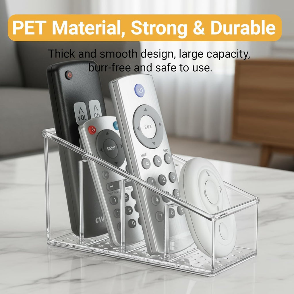 Clear TV Remote Control Holder, PET Remote Caddy with 4 Compartments, Mini Desktop Organizer for Remotes, Pens, Office Desk and Bedside