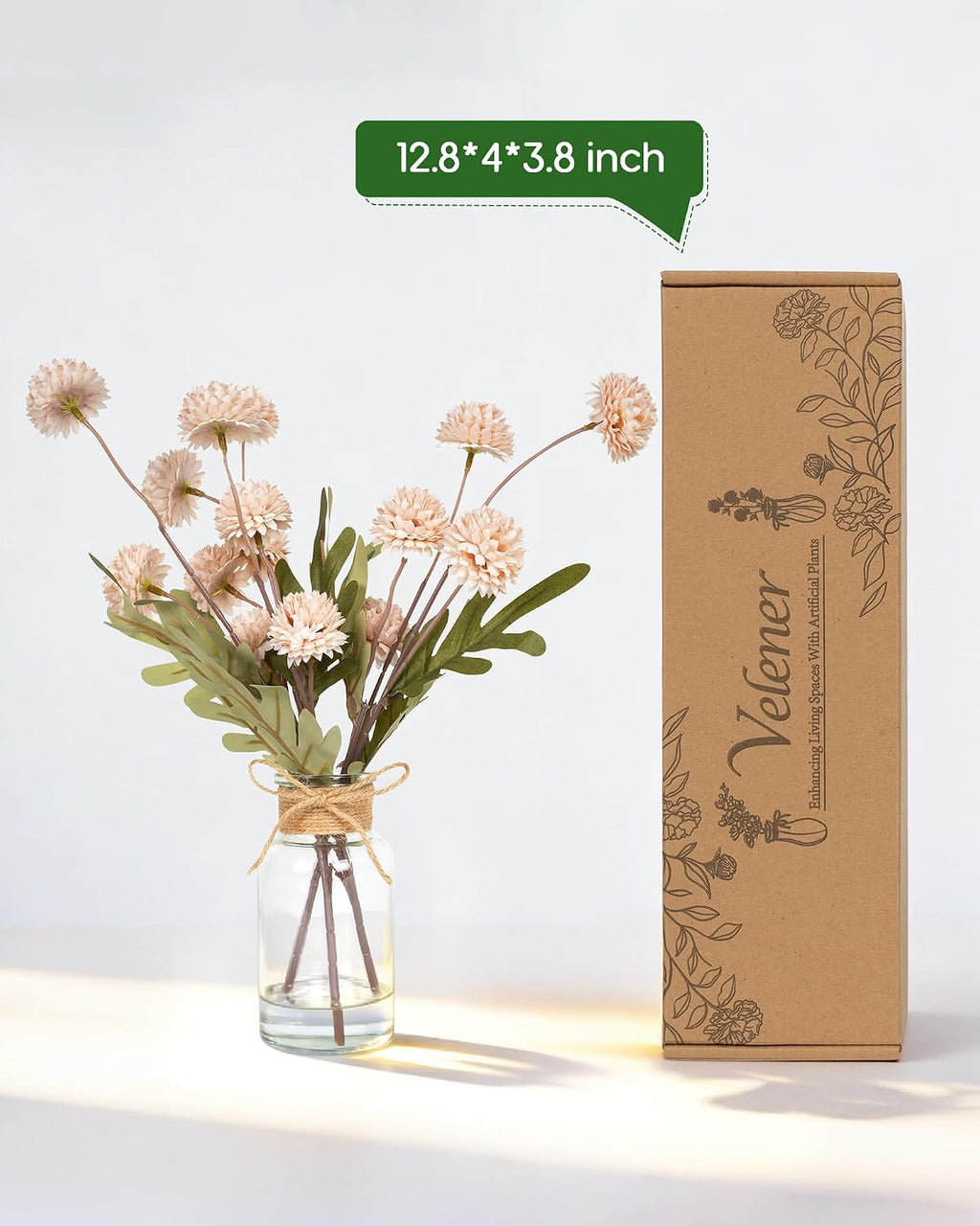 Velener Beige Faux Silk Mums Fake Flowers in Vase With Faux Water, Fake Plants Artificial Flowers For Home Decor Kitchen Bathroom Farmhouse Living Room Coffee Table Small Centerpieces For Table 1 Pack