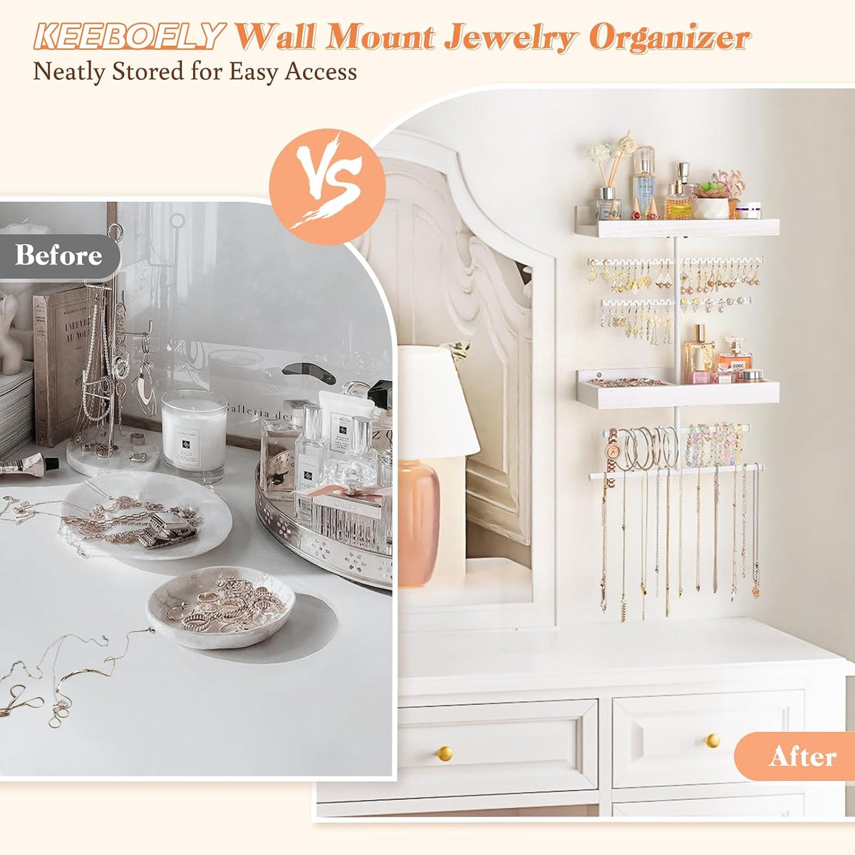 Keebofly Wall Mounted Jewelry Organizer with 2 Tired Shelves & Ring Holder- Jewelry Holder Wall Storage Display for Earrings, Necklace, Bracelet, Hair Accessories for girls in Bathroom Bedroom, White