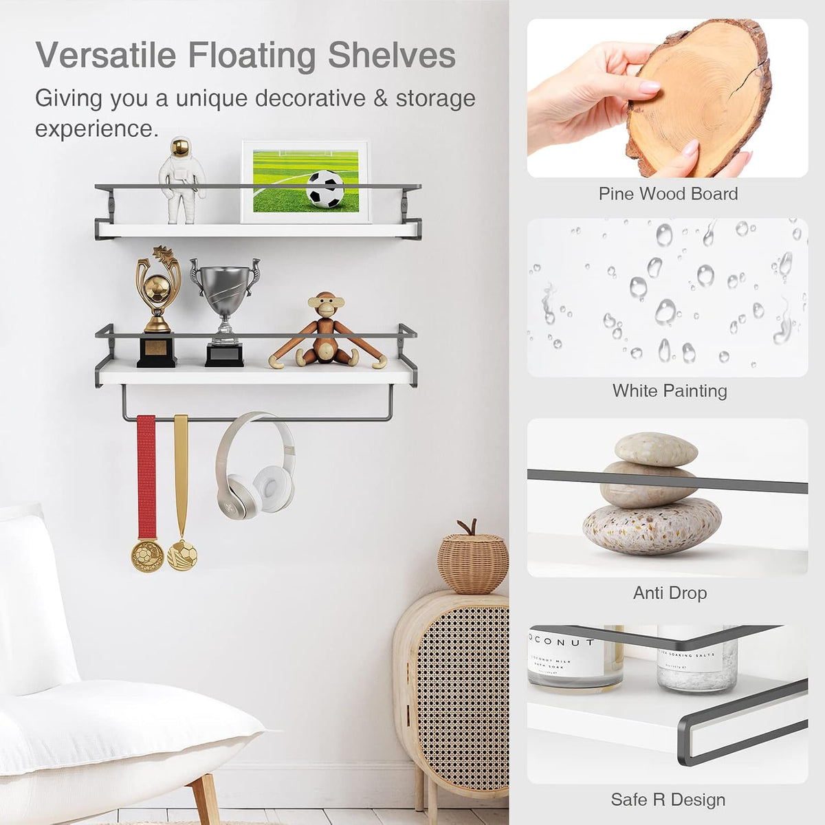 Forbena White Floating Shelves for Bathroom Organizer Over Toilet, Bathroom Shelves Wall Mounted with Towel Rack, Corner Wall Shelf for Bedroom Decor Kitchen Storage (White-Dark Grey, Set of 2)