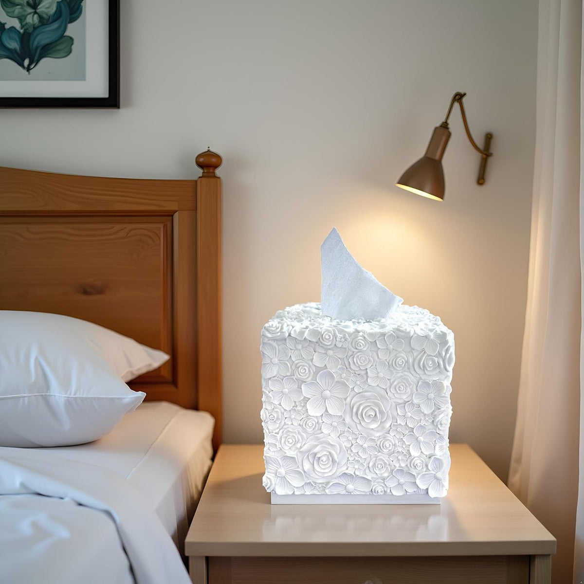 Square Tissue Box Cover Decorative Kleenex Box Holder for Bathroom & Living Room with Handcrafted Texture (Rose White)