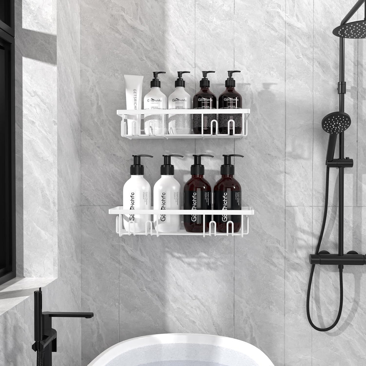 Getsrichfc Shower Caddy Adhesive, Rustproof Shower Shelves for Inside Shower, Large Capacity Bathroom Organizers and Storage, Shower Storage with Removable Hooks, No Drill Bathroom Accessories White