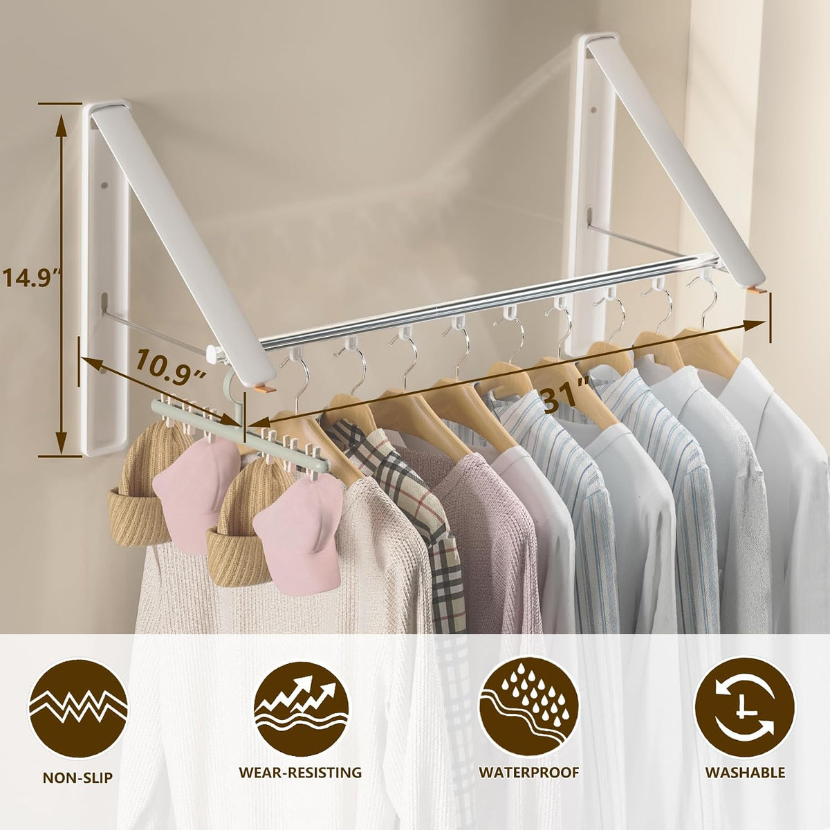 Clothes Drying Rack, Laundry Room Wall Mounted Retractable Clothes Hanger Drying Rack, Laundry Clothing Drying Rack Folding Indoor or Outdoor, Aluminium Dryer, 2pcs(White with 80cm bar)