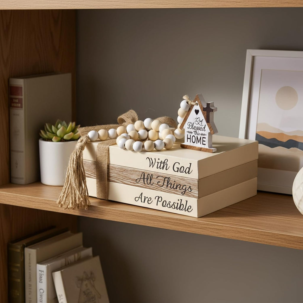 Tatuo 4 Pcs Wooden Farmhouse Decorative Books for Home Decor, God Bless