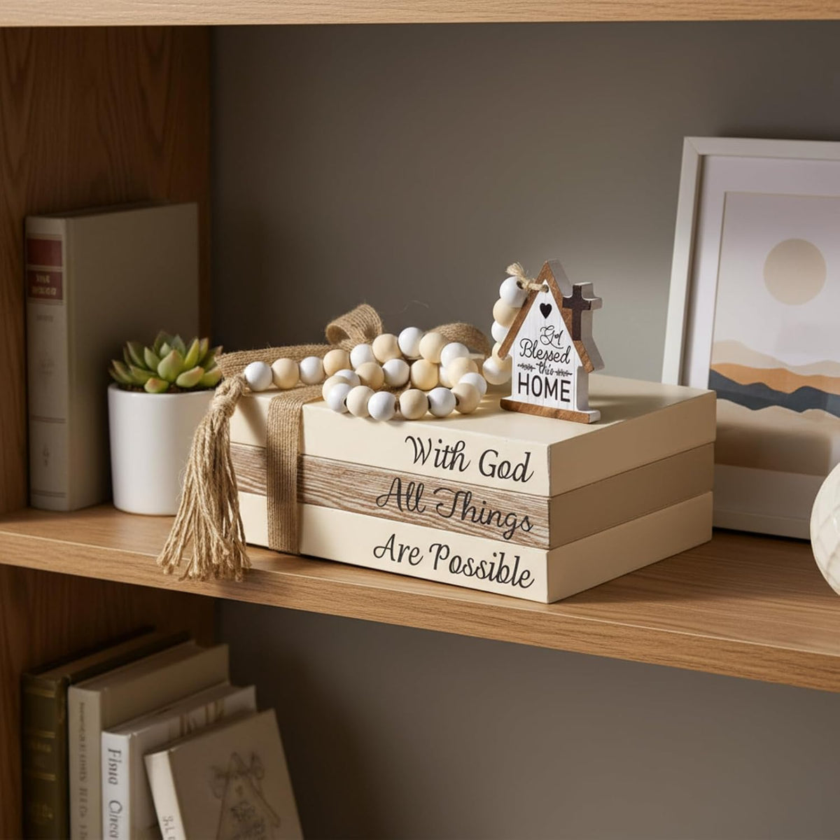 Tatuo 4 Pcs Wooden Farmhouse Decorative Books for Home Decor, God Bless