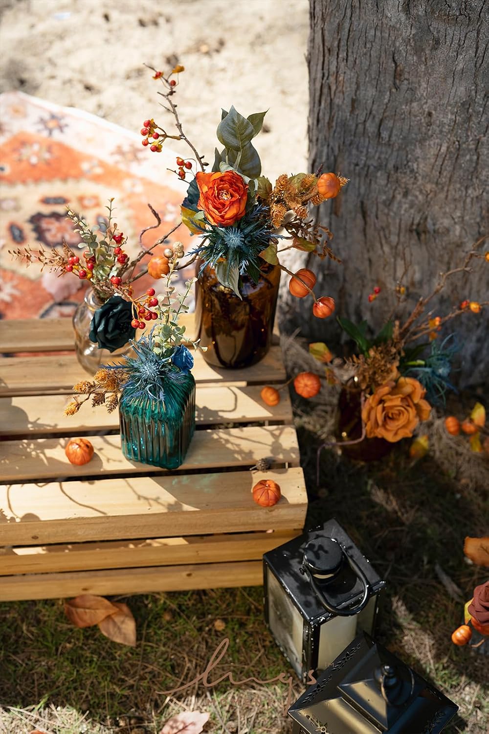 Ling's moment Fake Flowers Box, Teal & Burnt Orange, Mini Combo