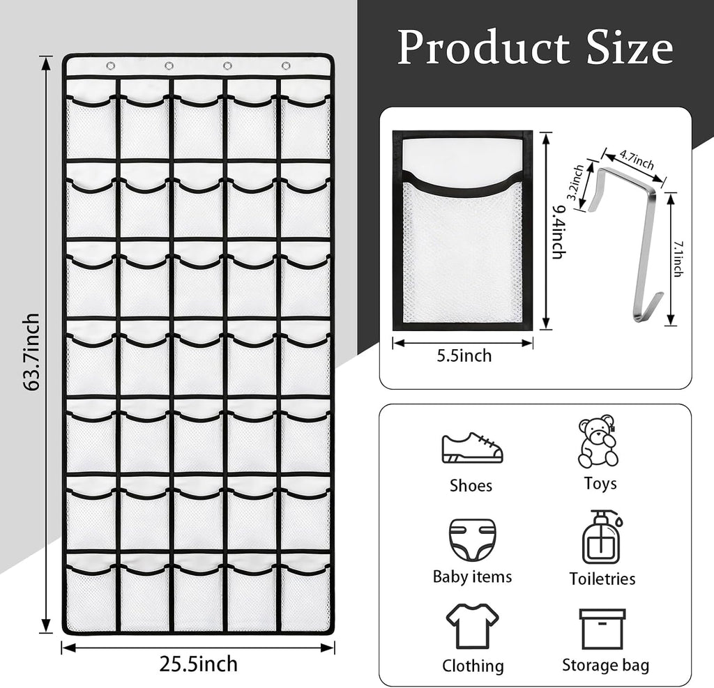 Over the Door Shoe Organizer, 24 Large Breathable Mesh Pockets, Space Saving Hanging Storage, Holds Up to 40 lbs, Hangs on Closets for Shoes, Accessories, White